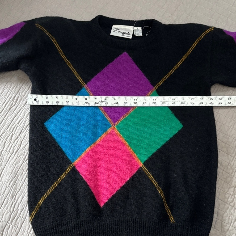 VTG Donagain Angora Lambswool Argyle Sweater - Black/Multicolor - Small - Picture 6 of 6